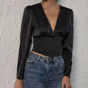 Deep V Neck Satin Corset Blouse